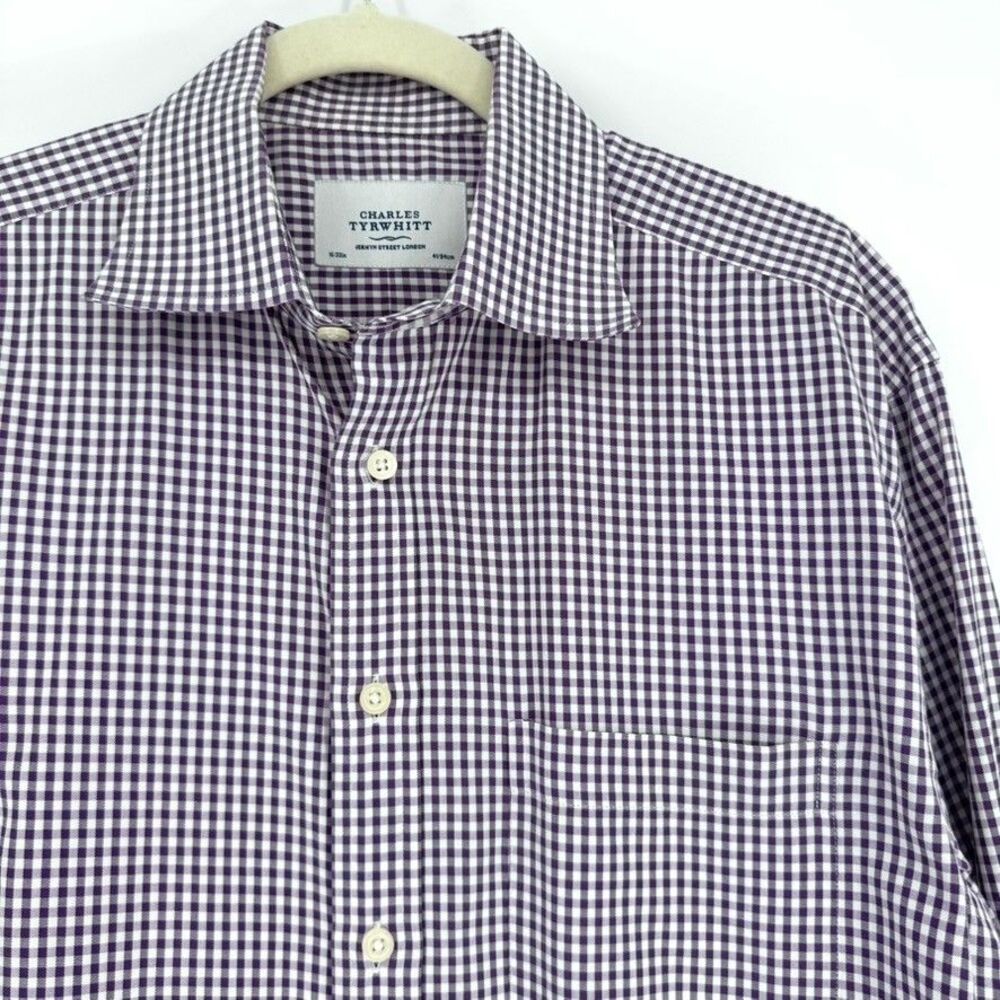 Charles Tyrwhitt Dress Shirt Mens 16/33 Purple Gingham French Cuff Cotton